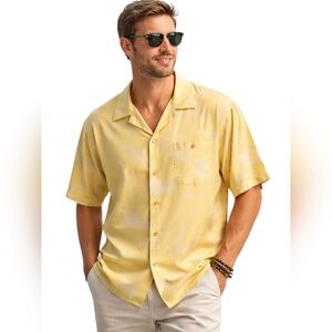 Island Republic 100% Silk Hawaiian Camp Shirt Yellow Leaf Print Resort Size XL